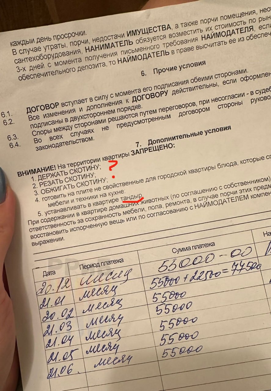 «Не держать и не резать скотину». Собственники московских квартир выдвигают всё более строгие требования к арендаторам. Например, в одних апартаментах запрещено содержать и обжигать животных, а также устанавливать тандыр. Вероятно, владельцу не повезло с предыдущим съёмщиком, предполагают в сети.