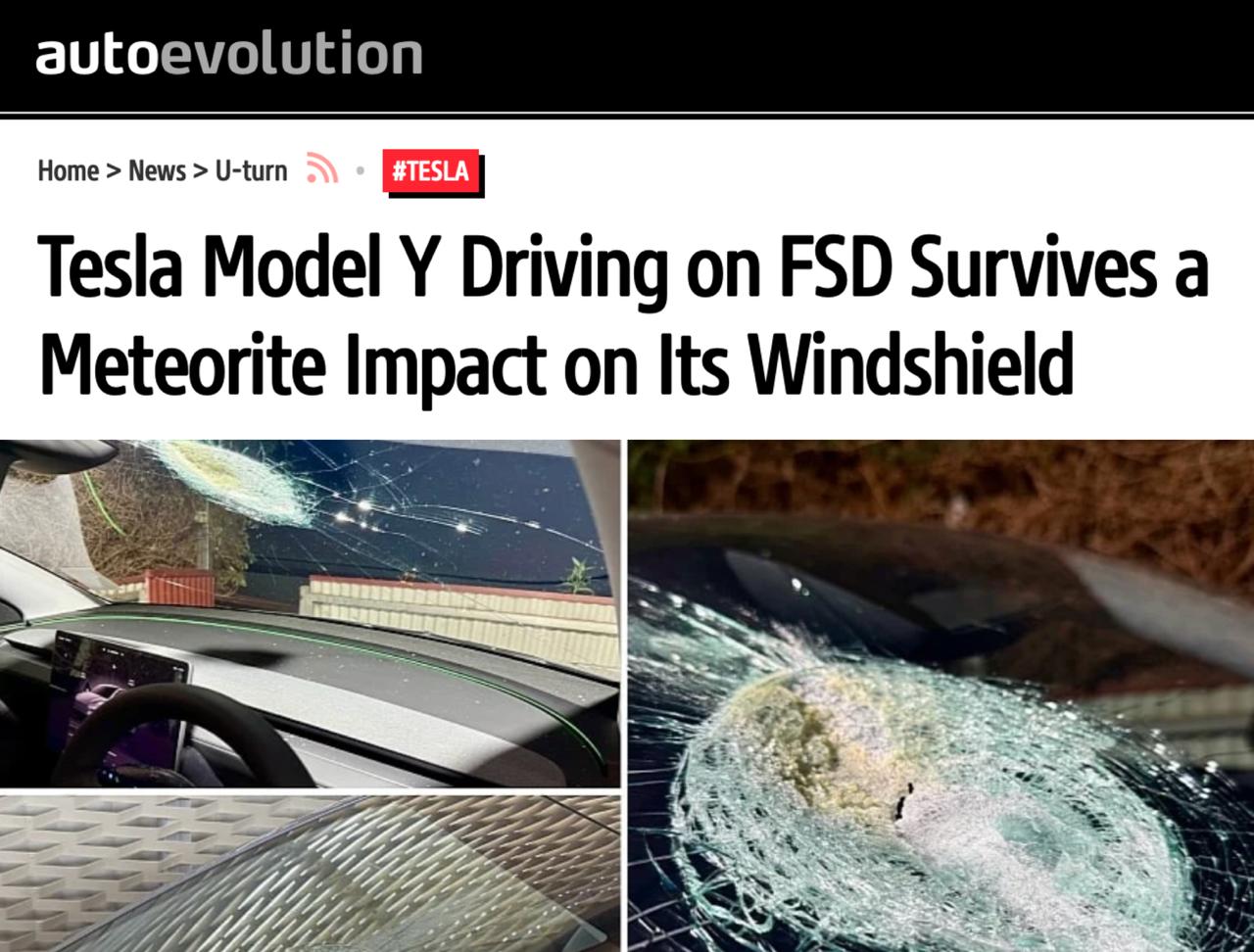 В Tesla попал метеорит машина ехала 110 км ч на автопилоте и уклониться не смогла но сама продолжила движение Лобовое стекло расплавилось салон засыпало горячими осколками и белым дымом Нас оглушило на 10 секунд рассказал владелец это первый случай в истории столкновения метеорита с Tesla шанс такого 1 на триллион concertzaal