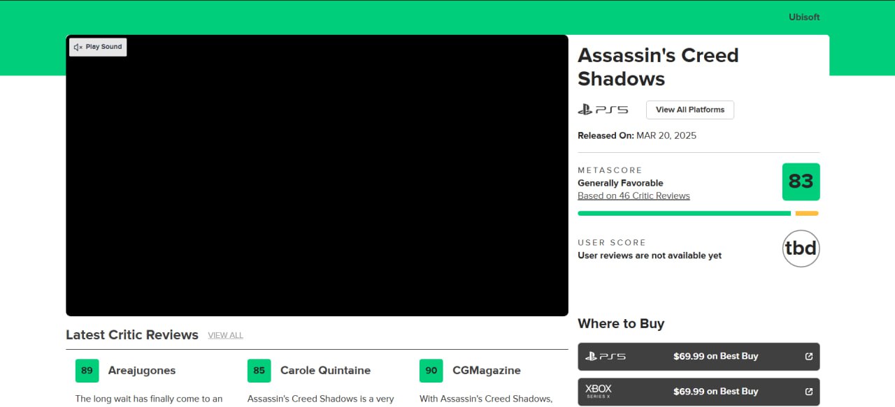 Обнародованы обзоры Assassin s Creed Shadows, согласно которым игра получила 83 балла на Metacritic.