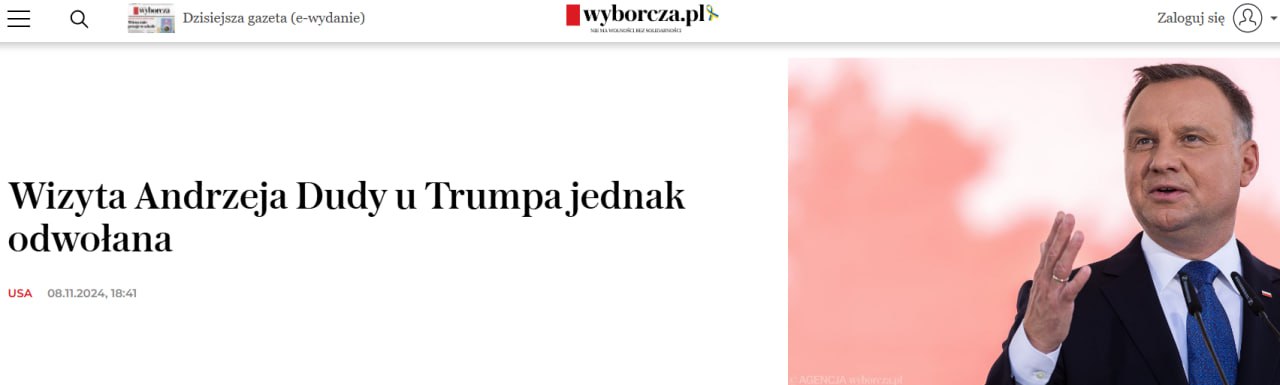 «Дуда тайно отправляется на встречу с Трампом в США» - Wyborcza   По данным источников газеты, поездка не была согласована с правительством, и МИД Польши не осведомлен о визите. Также к Трампу полетит Орбан.   Поколение «ZOV»   Telegram