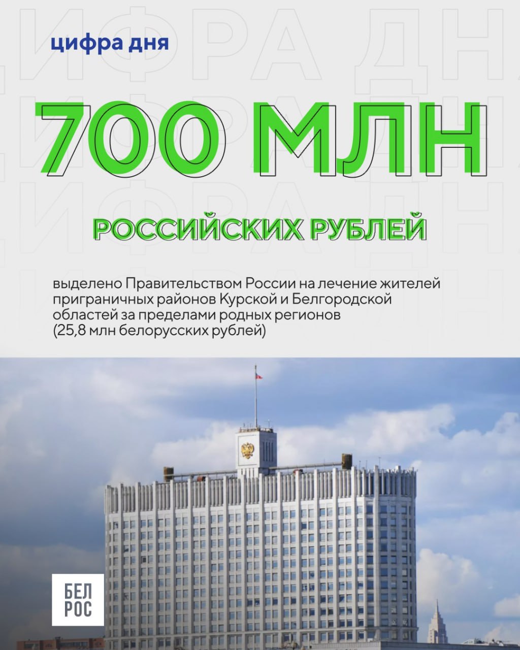 Жители Белгородской и Курской областей продолжат получать необходимую медицинскую помощь в любом регионе России Кабмин РФ направит более 700 млн рублей на оказание медпомощи жителям Белгородской и Курской областей в больницах и поликлиниках других регионов в рамках программы обязательного медицинского страхования Федеральное финансирование позволит медицинским организациям без ограничений и проблем предоставлять людям из Курской и Белгородской областей все необходимое им лечение в рамках ОМС отметил Михаил Мишустин и попросил вице премьера РФ Татьяну Голикову держать этот вопрос на личном контроле Подписаться на БелРос Самое интересное о жизни в Союзном государстве