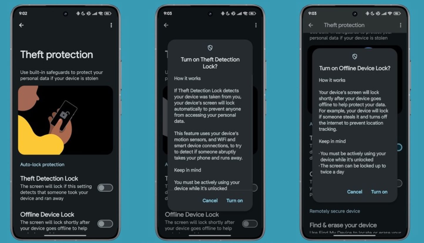 Google внедряет новые функции защиты от кражи в Android   Theft Detection Lock — использует ИИ для блокировки экрана при обнаружении «движения обычно связанного с кражей», например, когда кто-то выхватывает ваш телефон из вашей руки.    Offline Device Lock — блокирует экран устройства, когда оно находится в без Интернета в течение некоторого времени.   Remote Lock — позволяет пользователям блокировать свой телефон, используя только свой номер телефона.  Отмечается, что новые функции находятся в режиме тестирования и доступны еще не всем пользователям Android. ================