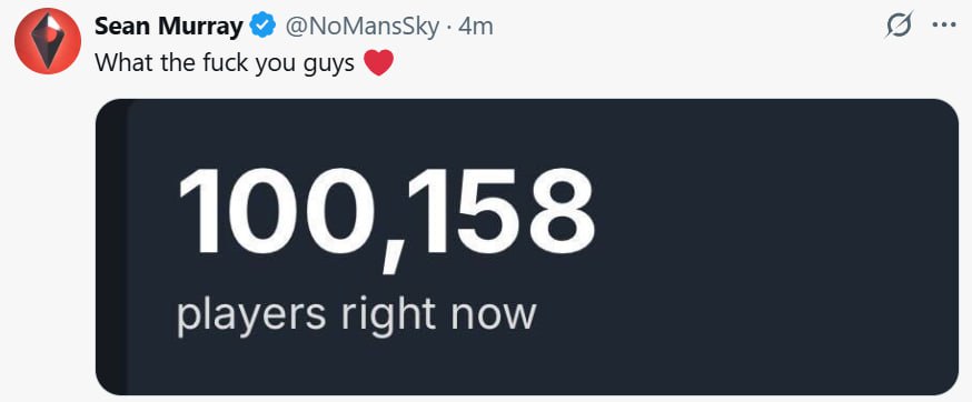 Шон Мюррей в шоке ведь No Man s Sky пробила онлайн в 100 тыс игроков в Steam Таких цифр игра не показывала с 2016 года Даже добавление мультиплеера в 2018 м не смогло вернуть её к стотысячному рубежу
