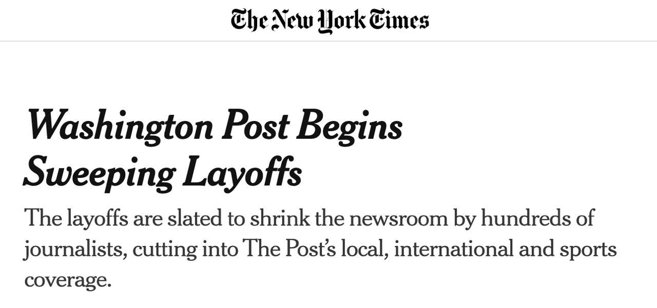 Газета The Washington Post уведомила сотрудников о начале масштабных увольнений сообщает The New York Times Планируется сокращение сотен журналистов освещающих местные международные и спортивные новости NYT пишет что владелец газеты Джефф Безос ставший одним из самых богатых людей в мире благодаря продаже товаров в интернете до сих пор не понял как поддерживать издание и вывести его на прибыль В первые несколько лет его владения газета расширялась но в последнее время компания переживает спад На совещании с сотрудниками в 2024 году нанятый Безосом издатель Уилл Льюис заявил Мы теряем огромные деньги Ваша аудитория сократилась вдвое за последние годы Люди не читают ваши материалы Сайт Страна X Twitter Прислать новость фото видео Реклама на канале Помощь