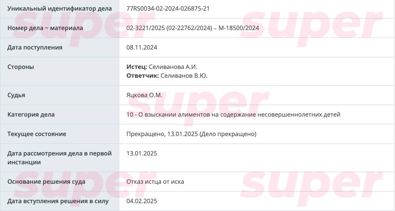 В ноябре нынешняя супруга Владимира Селиванова Александра подала в суд иск и потребовала алименты на их общего сына. Все ради того, чтобы уменьшить сумму выплат на дочь актера от первого брака.  Теперь Александра решила забрать заявление — дело прекращено. Передумала. Или же у пары родился новый план, как не тратиться на старшенькую.