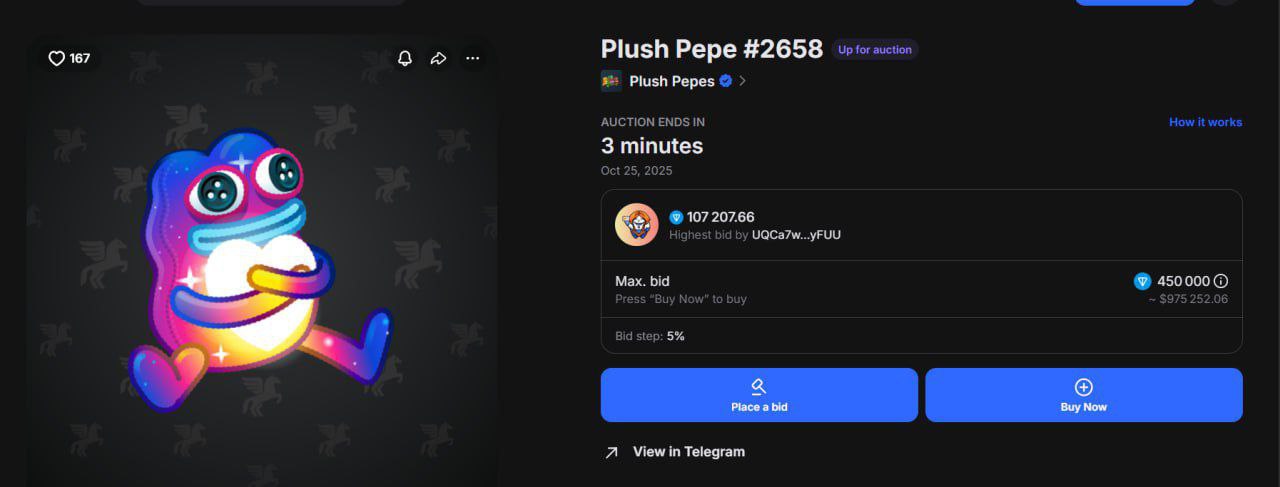 18 миллионов рублей за Telegram подарок На площадке продан Plush Pepe Cozy Galaxy за 230 000 абсолютный рекорд для Telegram маркетплейса hour 25