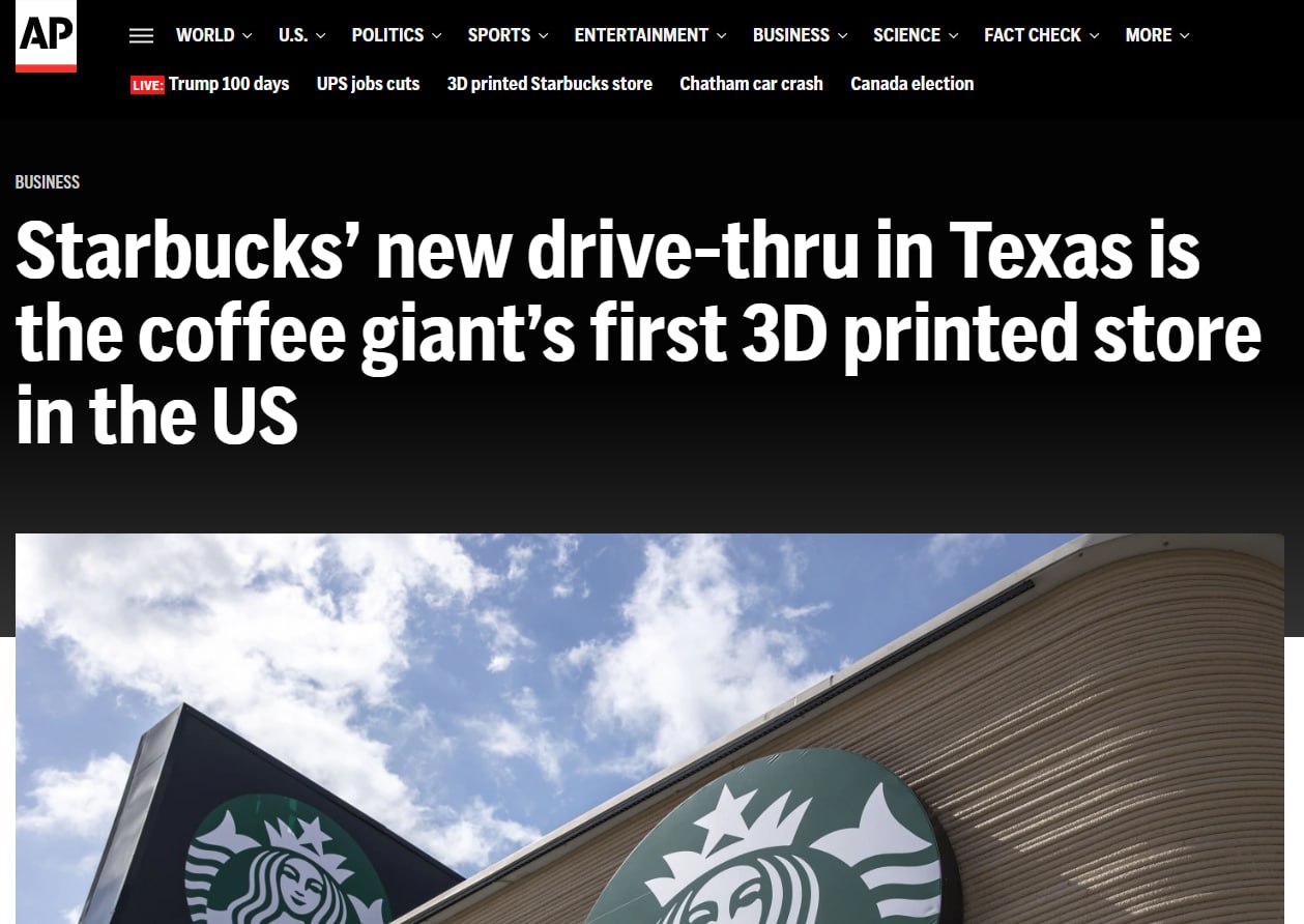 Starbucks откроет первую кофейню, напечатанную на 3D-принтере Про открытие 2 мая в городе Браунсвилле, штат Техас подобной кофейни сообщает AP. Здание создавалось с помощью робота-принтера Cobod BOD2, который печатал стены из материала, напоминающего что-то среднее между бетоном и пластиком. Площадь кафе составляет 130 кв. м., поэтому оно работает только на вынос. Технология 3D-печати зданий чаще используется для жилищного строительства. Все большее число компаний ее применяет для ускорения сроков строительства и создания доступного жилья. В Starbucks пока не сообщили, будет ли компания дальше применять технологию печати зданий для других заведений