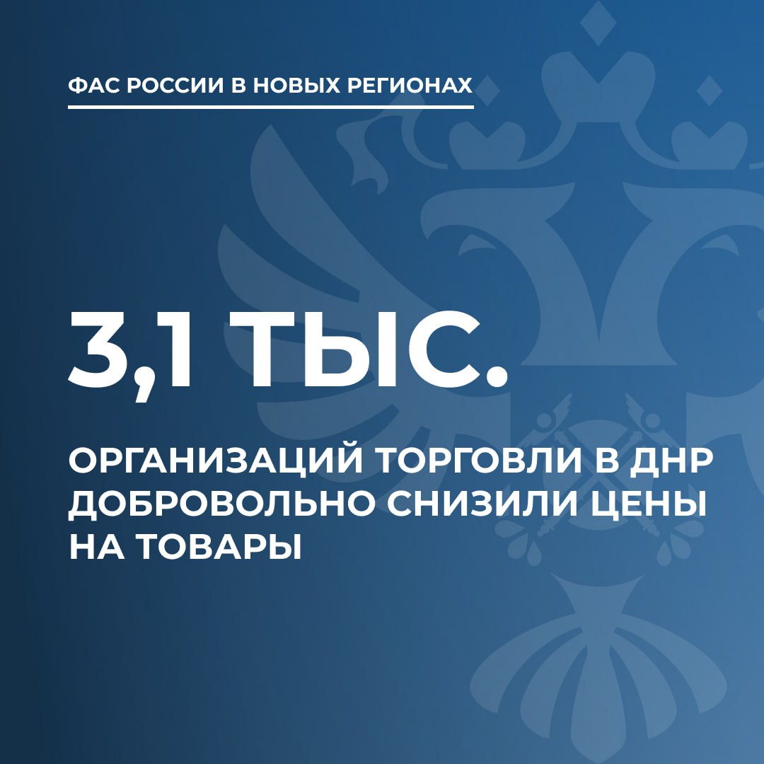 Более 3,1 тыс. торговых сетей в ДНР снизили цены на товары  В Донецкой Народной республике добровольно снизили цены на востребованные товары более 3,1 тыс. организаций оптовой и розничной торговли. Всего в новых регионах обязательства по регулированию надбавки взяли на себя свыше 6,3 тыс. хозяйствующих субъектов, подчеркнули в Федеральной Антимонопольной службе России.  Ценовое регулирование на различные категории товаров введено в Донецкой, Луганской Народных республиках и Херсонской области. В ФАС России отметили, что федеральные специалисты оказывают новым регионам методическую поддержку в формировании нормативно-правовой базы, устанавливающей предельные цены на ряд востребованных товаров.  В целях контроля за ценами проводятся регулярный мониторинг торговых сетей. В ведомстве подчеркнули, что в новых регионах нарушения носят единичный характер и оперативно устраняются ретейлерами.  Напомним, для стабилизации цен на Донбассе и в Новороссии Правительство РФ приняло постановление, позволяющее органам государственной власти новых регионов заключать соглашения с хозяйствующими субъектами об ограничении цен на любые товары.