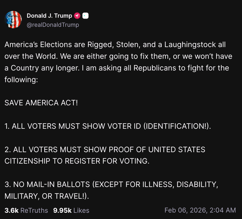 Дональд Трамп предложил закон который обяжет всех избирателей предъявлять удостоверение личности при голосовании на выборах Предложенный закон о спасении Америки также включает в себя обязанность подтвердить гражданство при регистрации на голосование и запрет на отправку бюллетеней по почте за исключением случаев когда гражданин болен служит в армии или находится в отъезде 3 ноября состоятся промежуточные выборы на которых американцы выберут 435 членов Палаты представителей и 33 сенатора По данным свежего опроса Economist YouGov 44 респондентов поддерживают демократов а 40 республиканцев Республиканцы настаивают на том чтобы ввести процедуру проверки гражданства при голосовании чтобы демократы не смогли получить перевес за счёт незаконных голосов мигрантов которых они массово завозили в страну во время правления администрации Байдена Задонатить через бота Patreon