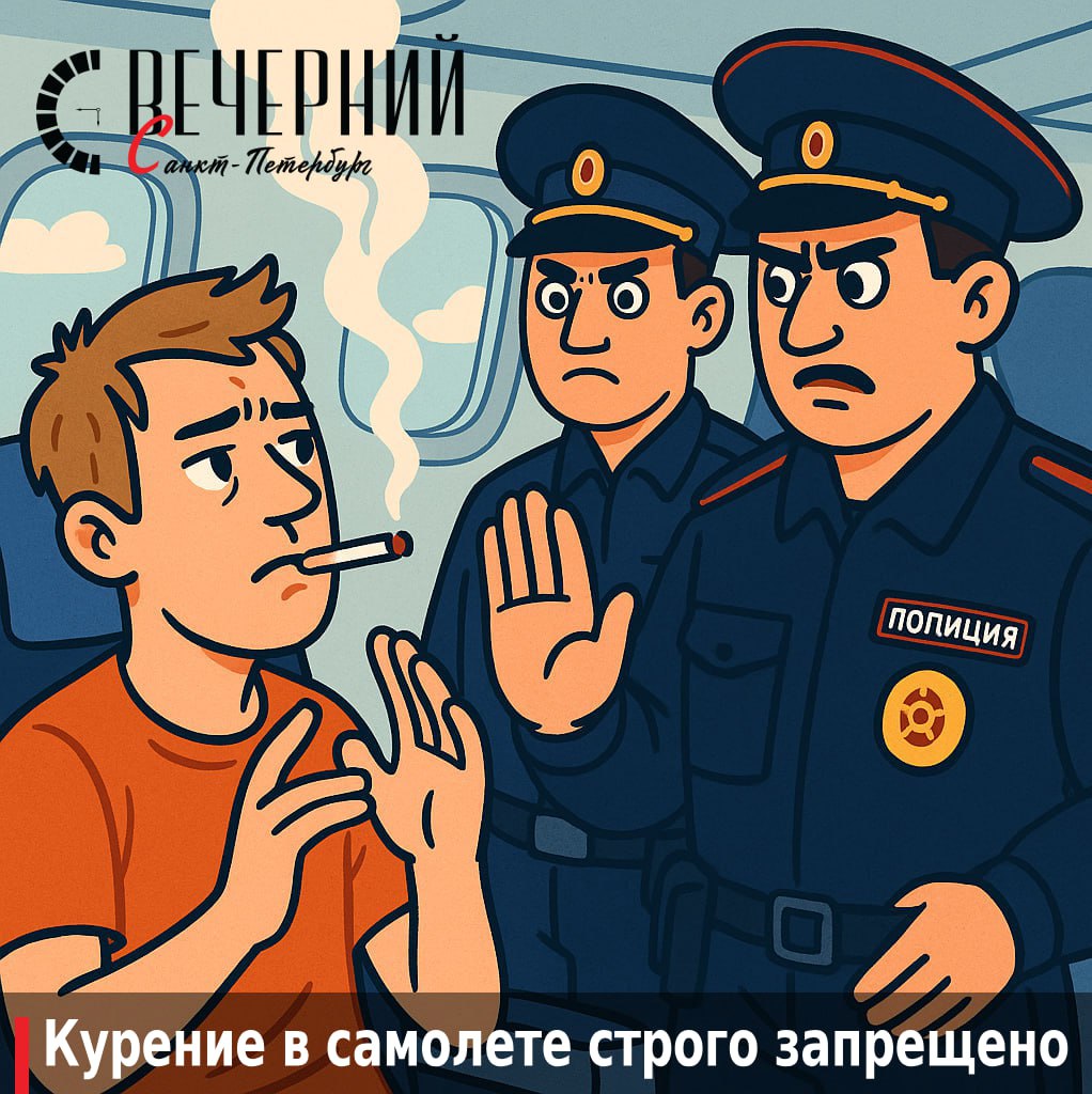 Не сдержался: пассажир закурил в туалете самолета 35-летний житель Пензенской области решил удовлетворить никотиновую зависимость прямо во время полета и закурил сигарету в туалете самолета, летевшего из Казани в Петербург. По прилете в Пулково его уже ждали правоохранители, которые проводили нарушителя в дежурную часть линейного отдела полиции на воздушном транспорте. Теперь курильщику грозит штраф по ч.1 ст. 6.24 КоАП РФ — от 500 до 1500 рублей. «Запрет на курение на борту воздушного судна — необходимое требование для обеспечения безопасности полетов», — отметили в Управлении. Фото: DALL-E Вечерний Санкт-Петербург