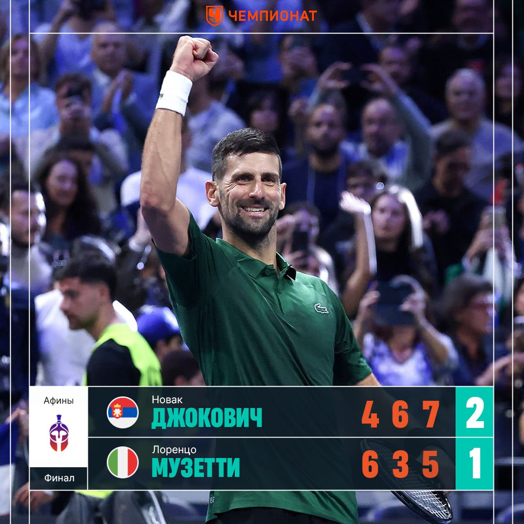 ДЖОКОВИЧ ЧЕМПИОН ТУРНИРА В АФИНАХ Новак в трёх сетах одолел Лоренцо Музетти 4 6 6 3 7 5 101 й титул в карьере 72 й на харде 2 й в сезоне Статистика матча Сетка турнира ChampTennis