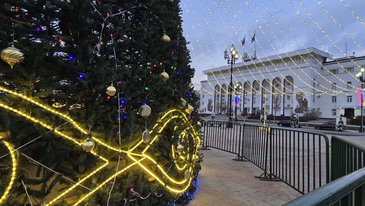 На Центральной площади Махачкалы зажглась главная новогодняя ёлка Дагестана  Необычная конструкция в виде шатра, переливающаяся разноцветными огнями, сразу создала атмосферу праздника.  Она уже стала любимым местом для прогулок и фотографий, притягивая жителей и гостей города. Весь декабрь эта красавица будет радовать всех своим сиянием и напоминать о приближении праздника.