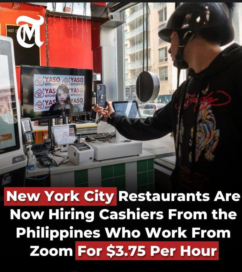Рестораны Нью Йорка начали нанимать кассиров с Филиппин которые работают удалённо через Zoom всего за 3 75 в час Посетители подходят к планшету и разговаривают с человеком находящимся за тысячи километров который в реальном времени принимает их заказ Для многих владельцев небольших ресторанов это способ сократить расходы и остаться на плаву на фоне растущей аренды и зарплат в городе banksta