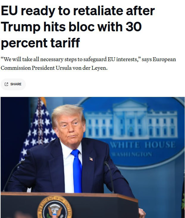 Американское издание "Politico": ЕС готов к ответу на пошлины Трампа Евросоюз отреагировал на заявление Дональда Трампа о введении 30% пошлин на товары из ЕС. Глава Еврокомиссии Урсула фон дер Ляйен подчеркнула: "Мы предпримем все необходимые шаги для защиты интересов ЕС". По её словам, такие пошлины ударят по бизнесу и потребителям по обе стороны Атлантики. Брюссель не исключает зеркальных мер и готов продолжить переговоры с США. Дипломаты уже мобилизованы – экстренная встреча послов состоится 13 июля в 15:30, накануне совещания министров торговли. Еврокомиссия работает в кризисном режиме. СТАРШИЙ ИНСПЕКТОР