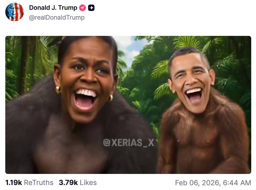 Трамп в своей соцсети опубликовал видео с танцующими обезьянами с головами экс президента США Обамы и его супруги Грантоед by подписаться