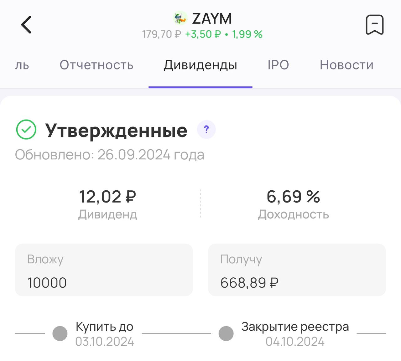 Займер утверждает дивиденды!   Сегодня акционеры МФК «Займер»  #ZAYM  утвердили выплату дивидендов за 2 квартал текущего года. Теперь их точно выплатят!   Размер дивидендов — 12,02₽ на акцию, доходность 6,7%   Последний день для покупки акций для получения дивидендов — 3 октября   Годовая доходность может составить почти 20%! Однако акции продолжают падать. Ключевой риск - ужесточение требований со стороны ЦБ РФ.   Если понизят максимальный процент по выдаче микрозайма, доходы компании значительно сократятся