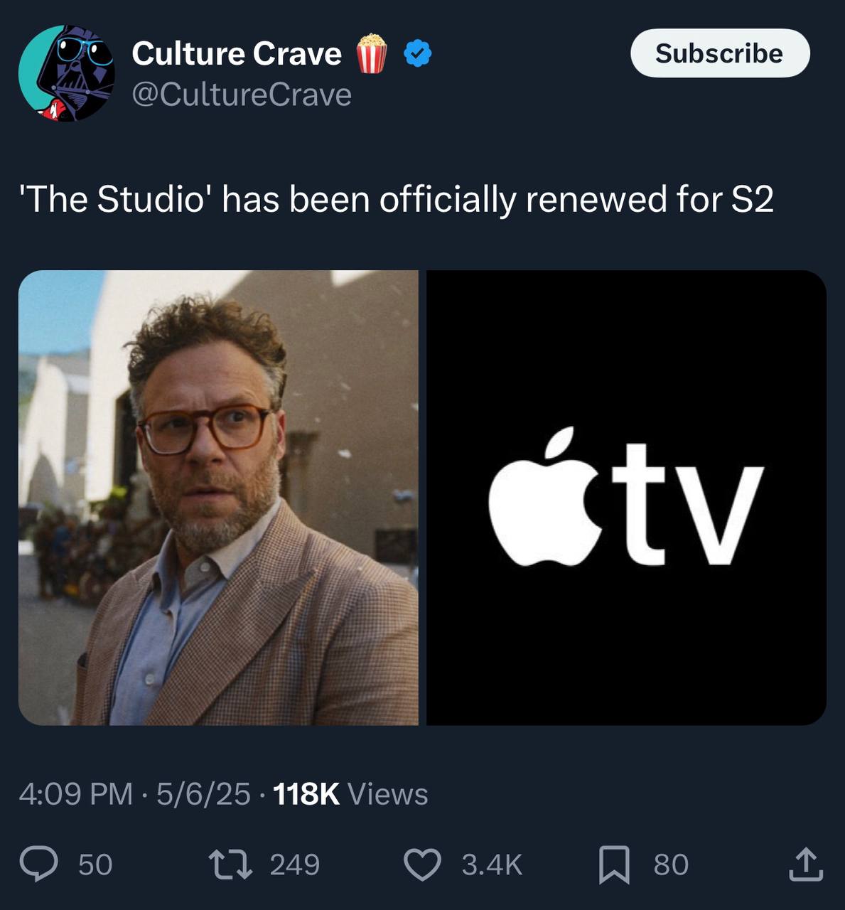 Apple продлили «Студию» на 2‑й сезон. Сериал от Сета Рогена и его давнего соавтора Эвана Голдберга «SuperПерцы», «Пацаны», «Неуязвимый» — это сатира на Голливуд. Роген играет нового босса вымышленной киностудии Continental, который мечется между искусством и зарабатыванием денег. Первый сезон получил 8.0 баллов на IMDb и 96% свежести на Rotten Tomatoes — смотрим, если пропустили