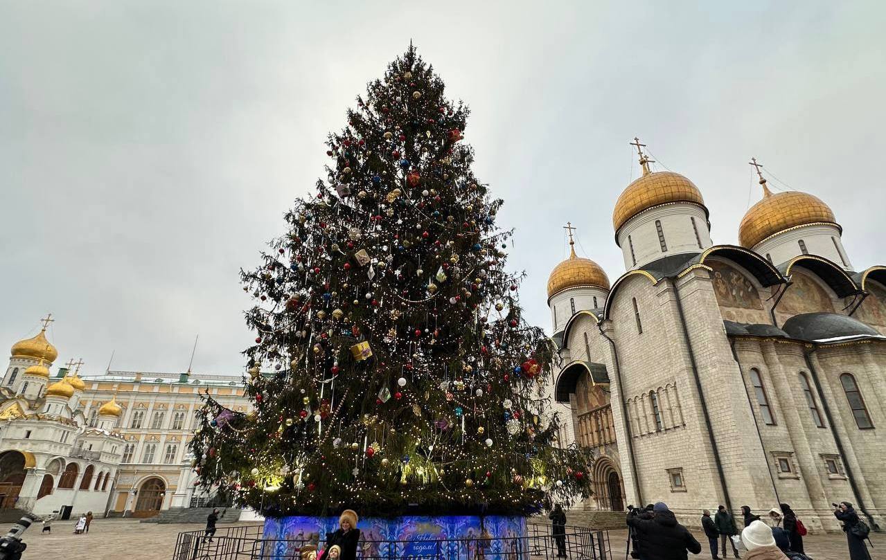 Главную новогоднюю елку России, недавно установленную в Кремле, украсили к праздникам.