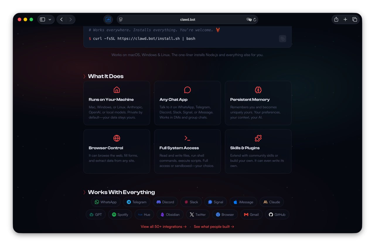 Вышел продвинутый ИИ агент Clawd умеет автоматизировать почти все задачи на вашем ПК Есть больше 50 интеграций с разными сервисами Можно подключить его к Telegram календарю плееру или браузеру и так далее Поддерживаются все популярные нейронки Работает полностью локально Редактор NN за пару минут сделал Telegram бота с прогнозами погоды который обновляется каждый час Забираем бесплатно по ссылке