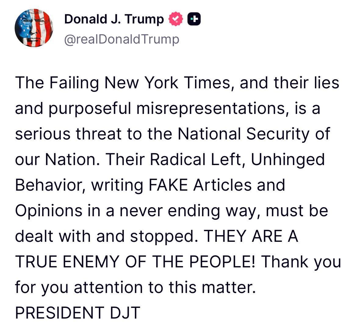 Трамп назвал газету The New York Times угрозой национальной безопасности для США и врагами народа Провал New York Times их ложь и преднамеренное искажение фактов представляют собой серьезную угрозу национальной безопасности нашей страны Их радикально левое невменяемое поведение бесконечное написание фальшивых статей и мнений должны быть пресечены Они настоящие враги народа написал президент США в своей соцскти Трамп не уточнил какой статьей газеты остался недоволен Ее первая полоса сегодняшнего тиража была посвящена украинским ударам по нефтяным танкерам теневого флота РФ и звучало предположение что Трамп мог отменить запрет Байдена на такие удары Сайт Страна X Twitter Прислать новость фото видео Реклама на канале Помощь