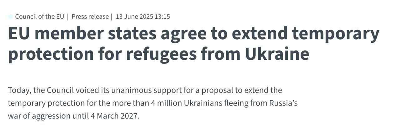 Совет ЕС поддержал продление программы приема беженцев из Украины до 4 марта 2027 года, официально сообщается на сайте ведомства. Решение поддержано единогласно. При этом Польша инициировала «обсуждение стратегии постепенного прекращения временной защиты после достижения справедливого мира». «В ближайшем будущем мы будем работать над общими решениями в этой области на уровне всего ЕС, в том числе в контексте возвращения в Украину», - заявил министр внутренних дел и администрации Польши Томаш Семоняк.