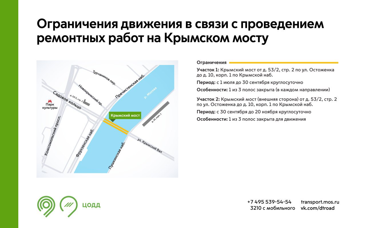 С 1 июля до 20 ноября на участках Крымского моста будет недоступна для движения 1 полоса. Это связано с проведением ремонтных работ. Подробнее – на инфографике