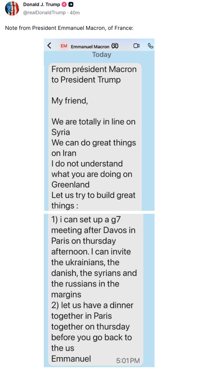 Трамп опубликовал скриншот сообщения от Макрона Оно начинается с обращения мой друг В сообщении французский президент написал что не понимает действий Трампа по Гренландии и пригласил его пообедать в Париже Также он предложил провести встречу G7 с участием российских украинских датских и сирийских представителей При этом Макрон отказался от участия в создаваемом Трампом Совете мира Комментируя это решение президент США пригрозил ввести пошлины в 200 на французские вина и шампанское   Подписывайтесь на Расстригу
