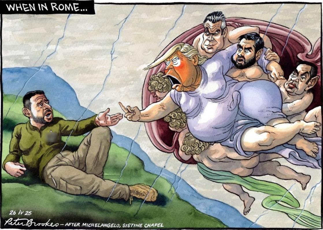 The Times выпустила карикатуру с «Дай»: Зеленский лежит с протянутой рукой, а Трамп показывает ему средний палец