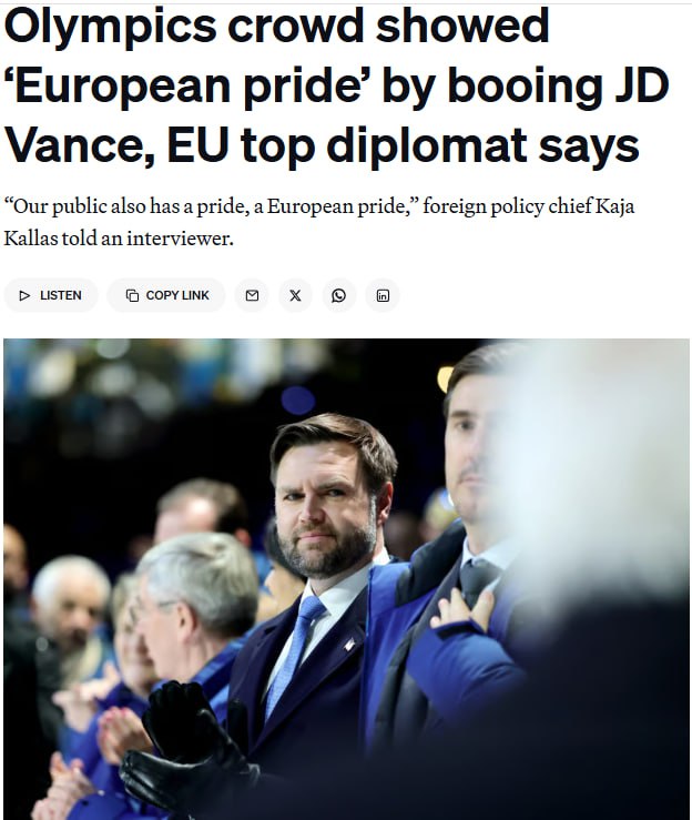 На открытии Олимпиады в Милане освистали вице президента США Кая Каллас назвала это европейской гордостью сообщает Politico На открытии Зимних Олимпийских игр в Милане зрители освистали Джей Ди Вэнса когда он появился на экране во время парада сборной США Глава европейской дипломатии Кая Каллас заявила что это стало проявлением европейской гордости реакцией на резкую критику Европы со стороны американских политиков По её словам публика просто показала что у Европы есть собственная позиция Сайт Страна X Twitter Прислать новость фото видео Реклама на канале Помощь