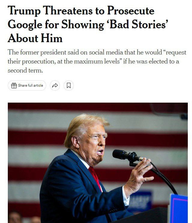 Трамп собирается засудить Google, потому что в поисковой выдаче про него пишут только плохое.   «Google незаконно использовал систему отображения только плохих историй о Дональде Трампе, некоторые из которых были выдуманы специально для этой цели, и в то же время раскрывал только хорошие истории о Камале Харрис», — написал Трамп в своей соцсети Truth Social.