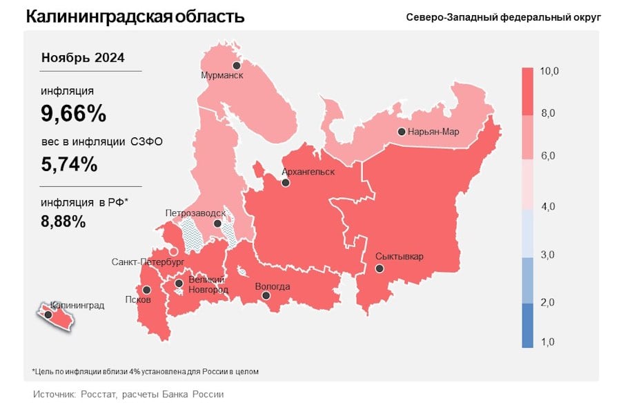 ЦБ: в ноябре инфляция в Калининградской области оставалась выше среднероссийской   Годовая инфляция в Калининградской области в ноябре 2024 года уменьшилась до 9,66% после 9,86% в октябре. В Центробанке это объясняют расширением предложения ряда продуктов питания и охлаждением спроса на отдельные непродовольственные товары. При этом инфляция в регионе осталась выше, чем по Северо-Западному федеральному округу  8,61%  и в целом по стране  8,88% .  Изображение: сайт cbr.ru