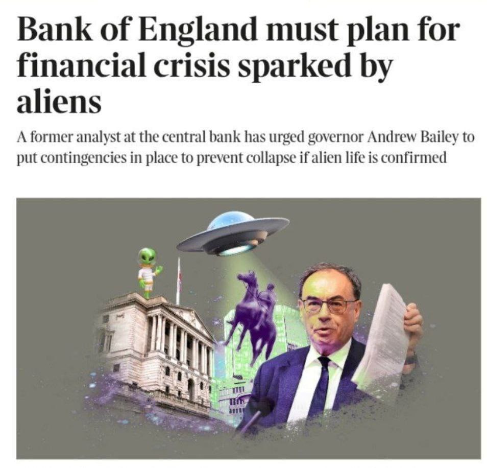 Банк Англии должен готовиться к финансовому кризису из за подтверждения существования инопланетян С такой рекомендацией выступила экс сотрудница ЦБ Хелен Маккоу пишет The Times Она призвала Банк Англии заранее разработать план действий на случай если Белый дом официально объявит о внеземной жизни По её словам это может спровоцировать панику на рынках массовые изъятия вкладов и крах банков Люди могут утратить доверие к традиционным активам и начать искать альтернативы включая криптовалюты Ранее британский режиссёр заявил что Трамп летом объявит о контакте с инопланетянами bankoffo