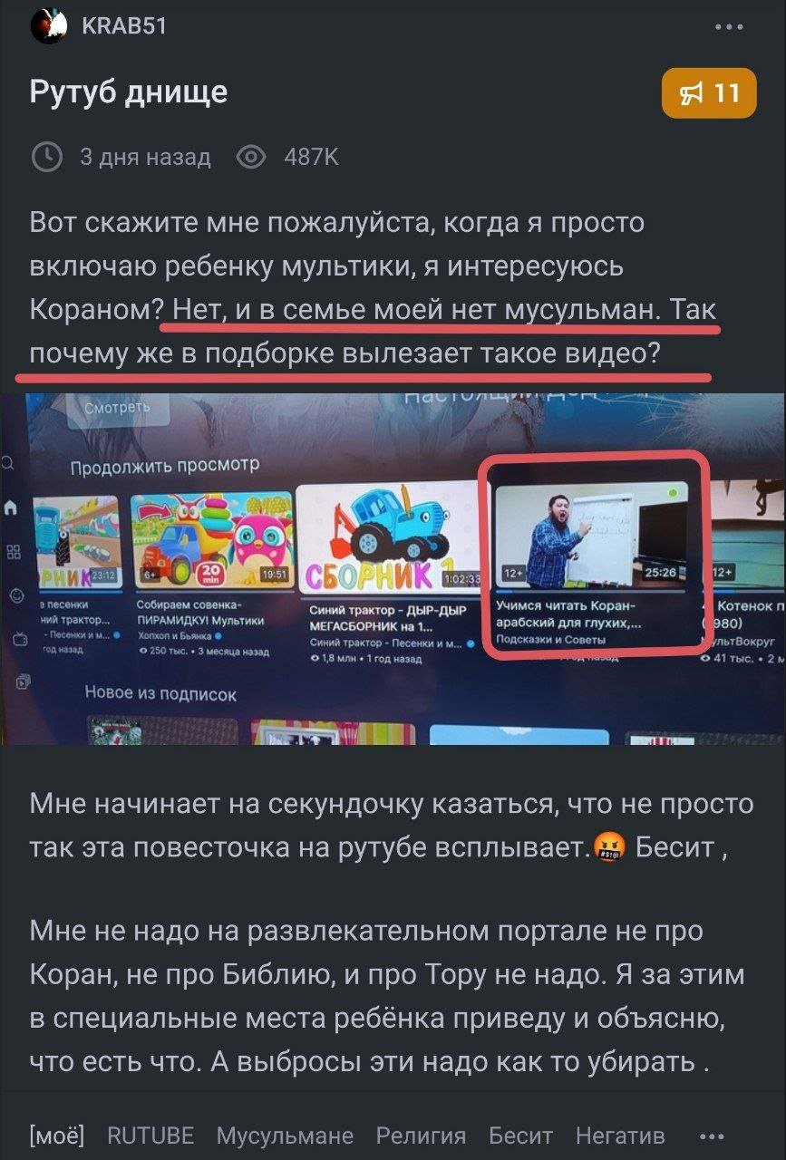Пользователи Рутуба начали массово жаловаться на пропаганду ислама среди маленьких детей  На фоне блокировок ютуба в РФ, часть пользователей попробовала перейти на отечественные видеохостинги. Однако, как оказалось, переход на российские аналоги неизбежно будет сопряжен с дручбой наротов. К сожалению, многонациональнодержавность коснулась "детского контента" на Рутубе и ВК. Так, некоторые пользователи отмечают очень странную работу детских рекомендаций:   Включаешь детский мультик, ребёнок смотрит, уходишь на полчаса, возвращаешься – ребёнок смотрит проповеди исламистов о том, как правильно читать коран и делать обрезание. В нашей семьи нет мусульман, мы не мусульмане. Так почему в подборке вылезают эти видео?  Ряд пользователей считает, что всё связано с неправильной работой алгоритма рекомендаций хостинга. Другие справедливо отмечают, что это может быть специальная повесточка по навязыванию ислама.