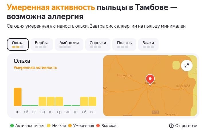 В России из-за тёплой погоды раньше срока начался сезон аллергии  По данным карты пыльцы, в Тамбовской области фиксируется умеренная активность ольхи.   - Первыми начинают цвести деревья, и сейчас уже в воздухе определяется пыльца ольхи, к которой в скором времени присоединится орешник и главный враг среди деревьев — береза. Остальные деревья также добавляют концентрацию пыльцы в воздух, но именно эти три дерева являются основным виновником весеннего поллиноза,  – сказала "Известиям" аллерголог-иммунолог Виктория Галяс.