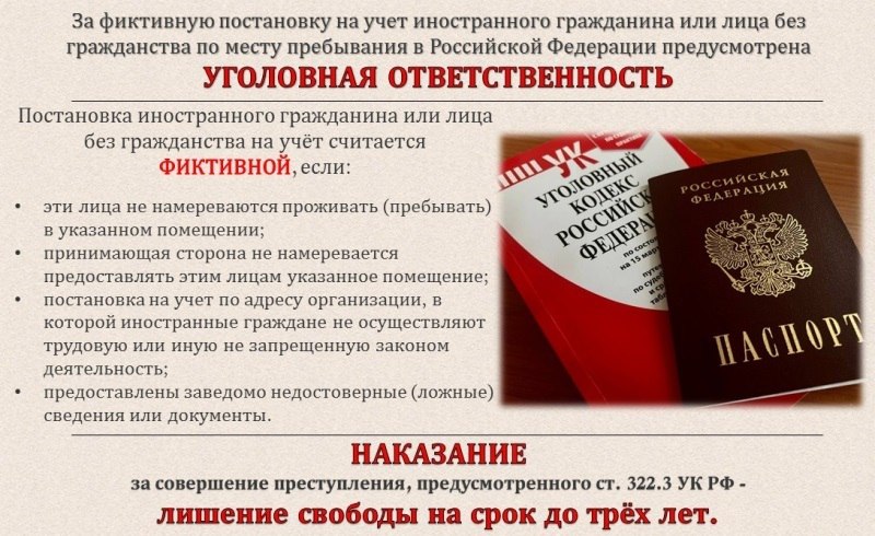 УМВД России Гатчинское напоминает что фиктивная постановка на учет иностранного гражданина или лица без гражданства по месту пребывания в жилом помещении в Российской Федерации влечет за собой уголовную ответственность