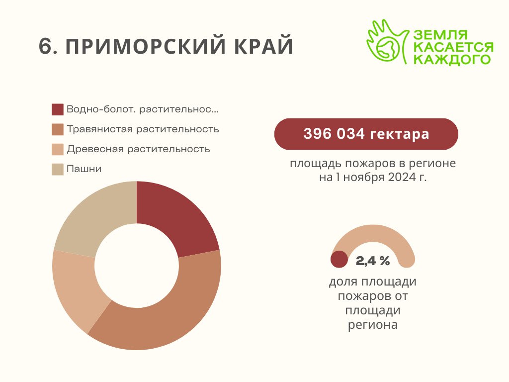 «Земля касается каждого»: Приморье заняло шестое место в России по природным пожарам в 2024 году. Они прошли 396034 гектара  А общая площадь пожаров в России составила 16 млн гектаров, по данным на 2 ноября 2024 года.  Все данные основаны на карте ландшафтных пожаров Восточной Европы проекта «Земля касается каждого», которая работает на основе обученного искусственного интеллекта.  Между тем, как передает ТАСС со ссылкой на первого заместителя министра природы Приморского края Евгения Чувасова, в 2024 году площадь лесных пожаров составила меньше 12 тысяч гектаров.  Prim.News