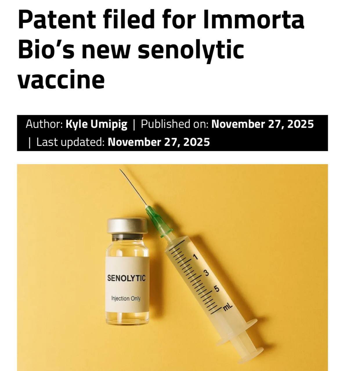 Учёные из Майами в получасе езды от меня изобрели первую вакцину которая останавливает старение с самых истоков SenoVax продлила жизнь у животных в невероятные два раза Препарат обучает иммунную систему выслеживать и уничтожать стареющие клетки по мере их появления Первые тесты на животных показали что вакцина в разы уменьшает опухоли уничтожая клетки вокруг них которые помогают раку расти Вакцина продлила жизнь животным в безумные два раза аж на 100 Учёные планируют объединить SenoVax с StemCellRevivify терапией которая бустит способность организма к регенерации В паре они будут уничтожать две главные причины старения накопление повреждённых клеток и потерю регенерации Компания Immorta Bio уже подала заявку на международный патент и готовится к клиническим испытаниям Гигантский прорыв для продления жизни notboring tech