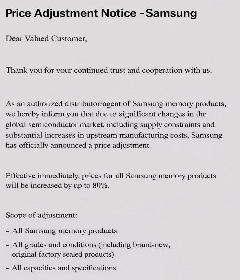 Повышение цен на память Samsung Дистрибьюторы компании Samsung увеличивают стоимость всех видов памяти до 80 вследствие роста популярности и спроса на технологии искусственного интеллекта investing investing