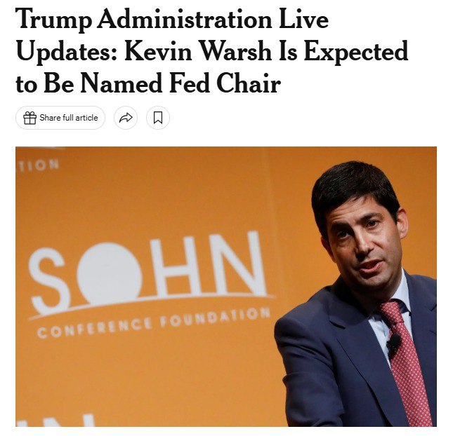 NYTimes Дональд Трамп намерен сегодня объявить о решении заменить Джерома Пауэлла на посту главы Федеральной резервной системы Ожидается что он назначит на эту должность Кевина Уорша бывшего сотрудника ФРС Об этом сообщили несколько источников издания Upd Объявил Наш канал в MAX