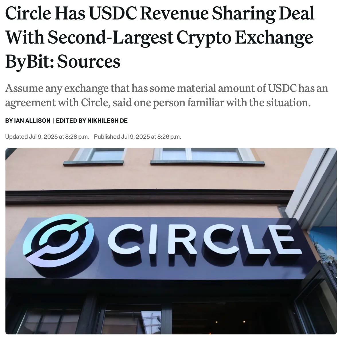 Circle заключил соглашение о разделе доходов с Bybit Circle уже делится 50% доходности от резервов, обеспечивающих стейблкоин USDC, с криптобиржей Coinbase. Подобные соглашения призваны стимулировать принятие USDC путем вознаграждения платформ частью процентов от резервов Circle. #Circle