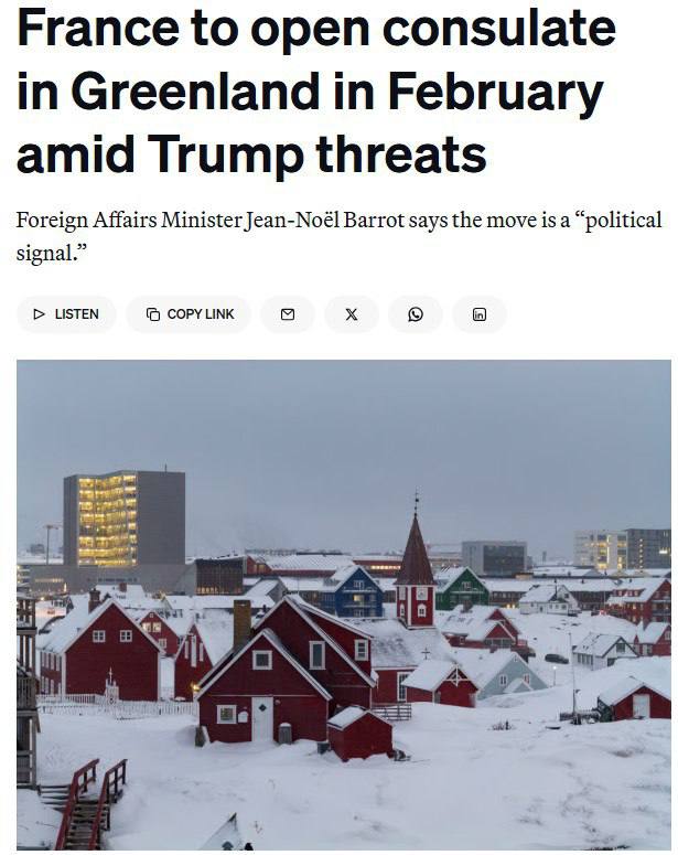 Франция откроет первое консульство в Гренландии 6 февраля Глава МИД Франции Жан Ноель Барро заявил что открытие консульства на фоне угроз Трампа захватить остров станет политическим сигналом пишет Politico Это делается для того чтобы продемонстрировать нашу приверженность расширению нашего присутствия во всех сферах на территории Королевства Дания Это политический сигнал но он связан с желанием усилить свое присутствие в Гренландии сказал французский министр При этом Барро отметил что решение об открытии консульства было принято ещё летом 2025 года когда Гренландию посетил президент Макрон Известно что проект обойдется французскому бюджету в 500 000 евро при этом Дания окажет помощь в процессе его реализации Издание отмечает что на сегодня лишь несколько стран включая США и Исландию имеют консульства в Гренландии В ближайшие недели Канада также планирует открыть свое представительство на острове НАШИ РЕСУРСЫ Telegram Tik tok YouTube RUTUBE