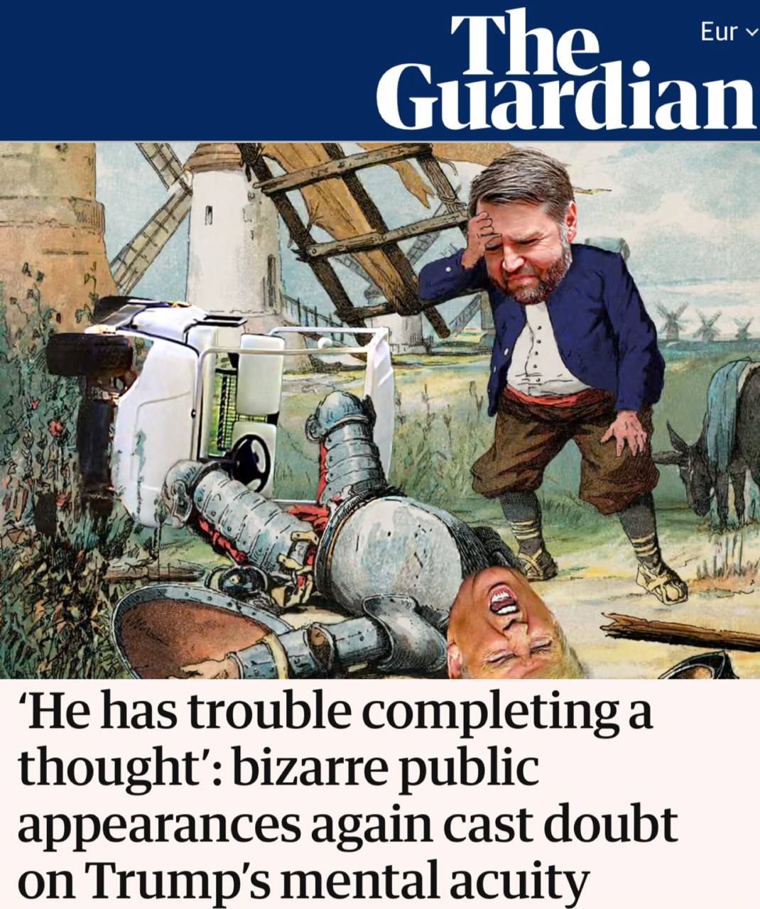 Трамп все больше похож на Байдена – Guardian   В Британии сообщили о странном поведении Трампа во время публичных выступлений. Хозяин Белого дома стал заметно хуже формулировать мысли. Ему трудно закончить начатое предложение.  «Резкая смена темы разговора — это пример того, как Трамп «отвлекается, не подумав, — он просто меняет тему без самоконтроля, без связного повествования», — сказал Гарри Сигал, старший преподаватель кафедры психологии Корнеллского университета и кафедры психиатрии Медицинского центра Вейла Корнелла.  В течение многих лет Трамп отмахивался от вопросов о состоянии своего ума, называя себя «стабильным гением» и хвастаясь тем, что «сдаёт» экзамены. Позже выяснилось, что это очень простые тесты, — которые позволяют выявить ранние признаки деменции.