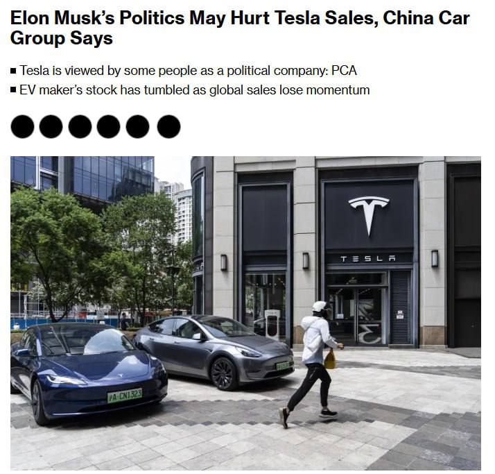 Политическая активность Илона Маска может негативно сказаться на продажах Tesla, — Bloomberg  Tesla сталкивается с падением продаж на ключевых рынках, а акции компании уходят в минус уже седьмую неделю подряд. Инвесторы обеспокоены не только снижением спроса, но и тем, как высказывания Илона Маска влияют на репутацию бренда.  Китайская ассоциация пассажирских автомобилей  PCA  отмечает, что Tesla всё чаще воспринимается как политически ангажированная компания.    В Германии продажи рухнули на 71% за первые два месяца 2025 года — эксперты связывают это с поддержкой Маском ультраправой АдГ перед выборами.   Во Франции снижение составило 44% за тот же период.   В Китае — минус 49%, но PCA объясняет это ожиданием обновлённой Model Y.