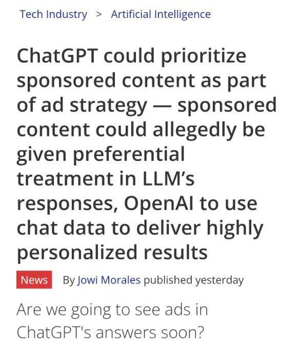 Искуственный интеллект ChatGPT от OpenAI будет отдавать приоритет спонсированному контенту в своих ответах Представитель OpenAI подтвердил что компания рассматривает возможность внедрения рекламы что может означать изменения в формировании и показе ответов пользователям