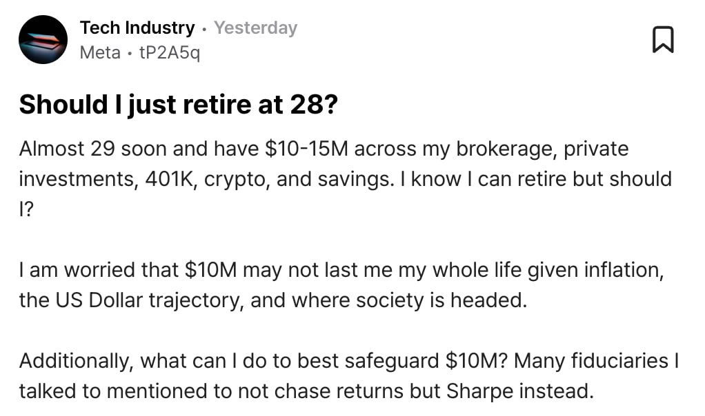 Айтишник из Meta накопил 10 млн к 28 годам и задумывается уйти на пенсию Но не уверен что ему хватит В комментариях парню советуют подкопить хотя бы 50 млн и только потом увольняться Другие разработчики говорят что в 25 лет у него должно было быть около 30 млн поэтому он уже провалил раннюю пенсию Мир американского IT не перестает удивлять Запрещена в РФ