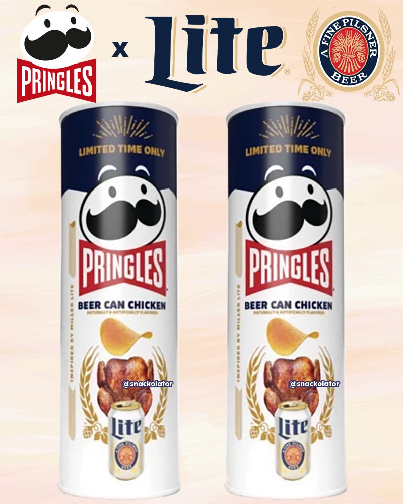 Pringles заколлабились с Miller Lite и выпускают новый лимитированный вкус курицы из пивной банки.  Фанаты сперва подумали, что это шутка от мемного аккаунта, но всё серьёзно — новость опубликовал авторитетный обзорщик снэков Snackolator.