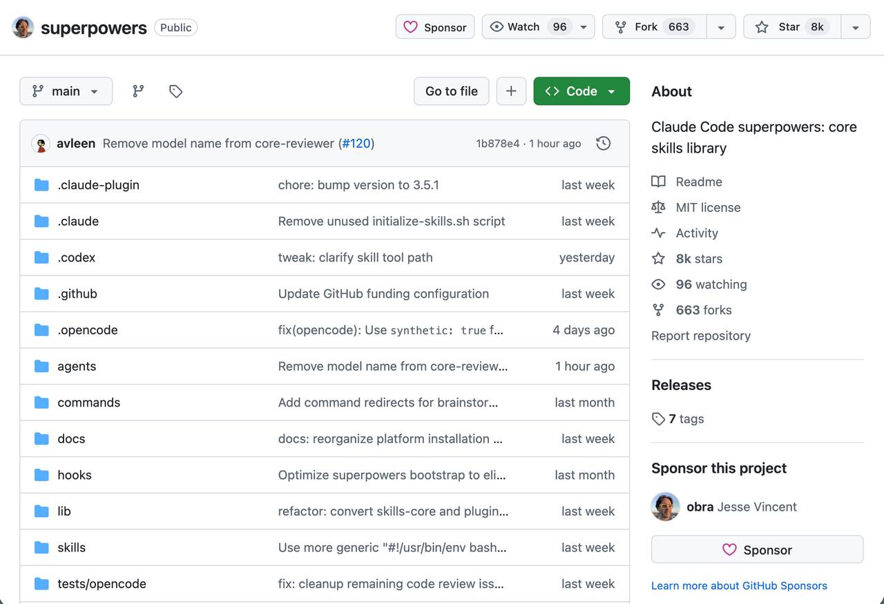 Нашёл гигантский сборник суперсил для ИИ агентов воркфлоу Superpowers сначала задаёт уточняющие вопросы и придумывает план а затем автономно запускает нужные навыки во время кодинга ИИ агенты структурируют разработку пишут тесты для каждой фичи проводят код ревью фиксят баги и многое другое Подключить можно к Claude Code Codex и OpenCode В закладки тут notboring tech