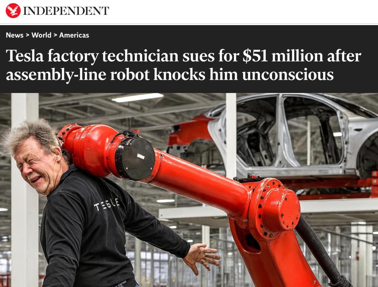 На заводе Tesla случился хоррор рабочий из США утверждает что его вырубил ии робот своей большой рукой теперь мужчина требует 51 млн или 4 2 млрд компенсации Мужчину отбросило на пол он потерял сознание и уже потратил 1 млн на лечение А масла в огонь добавляет то что Tesla не показывает записи с камер кто виноват когда роботы начинают бить людей concertzaal