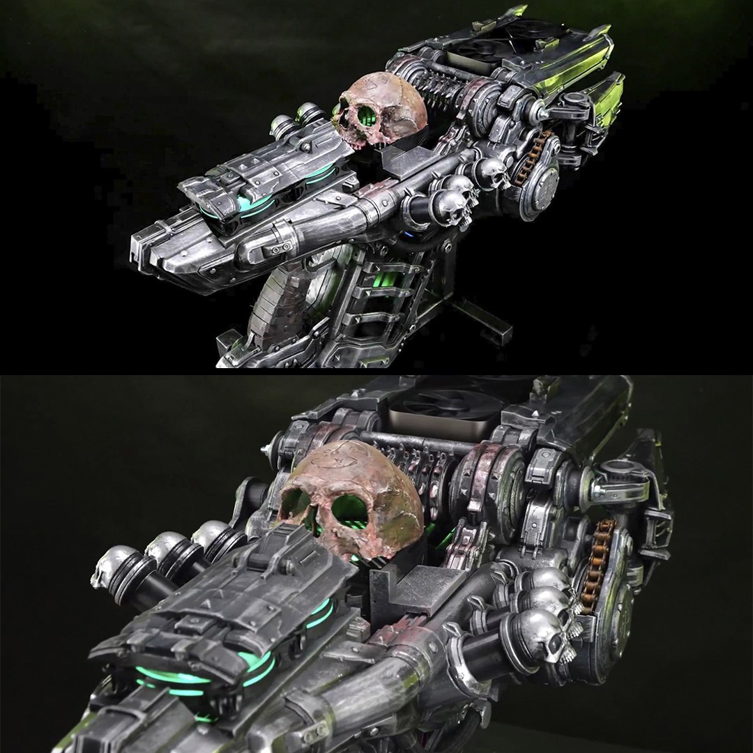 Стиль: Nvidia вместе с Bethesda выпустили кастомный ПК в виде Черепокрушителя из нового DOOM. Внутри мощная RTX 5080, Core Ultra 7 265KF, 64ГБ DDR5 ОЗУ, 2TB SSD и кастомное водяное охлаждение. На таком можно крошить черепа в 4К и 60 FPS.