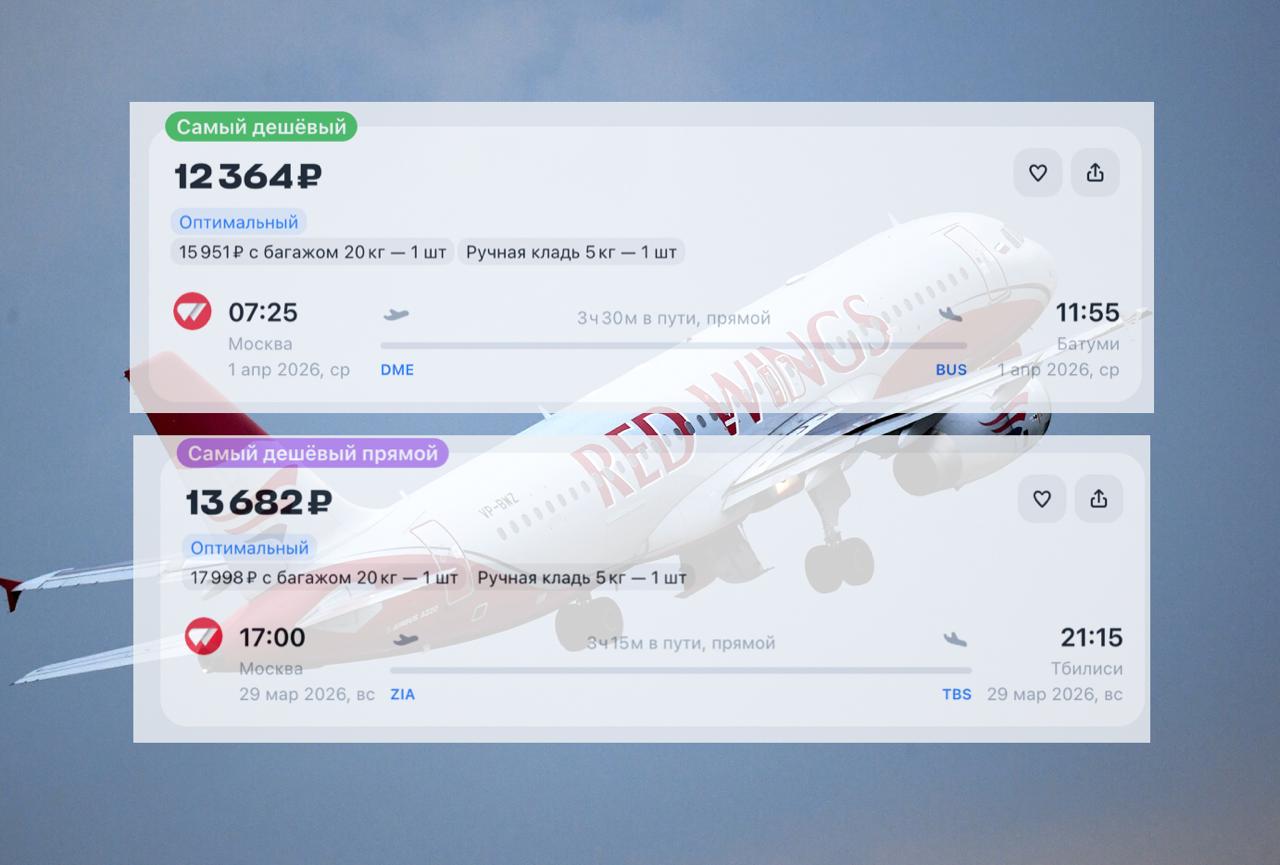 Red Wings открыл продажи билетов из Москвы в Грузию на лето 2026 года Запланированы прямые рейсы в Батуми и Тбилиси  Полёты в Батуми из Домодедово будут выполняться с 1 апреля на Ту 204 214 Стоимость перелета от 12 тыс рублей  Рейсы в Тбилиси из Жуковского стартуют 29 марта на Superjet 100 Стоимость перелета от 13 тыс рублей tipical vizovik